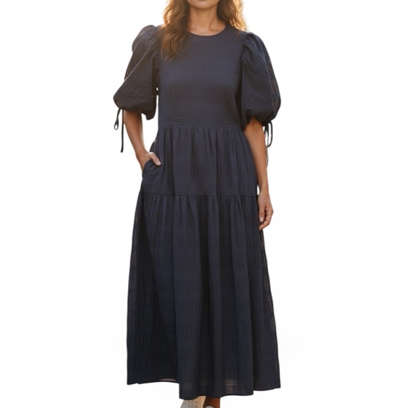 Moon River Navy Puff-Sleeve Tiered Bohemian Maxi Dress Size M Babydoll - Picture 2 of 7
